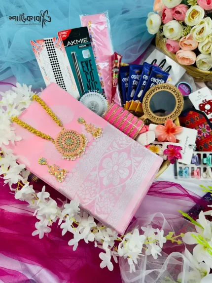 🩷 গোলাপি কাতান শাড়ি-প্রিমিয়াম ২৭টি গিফট কম্বো