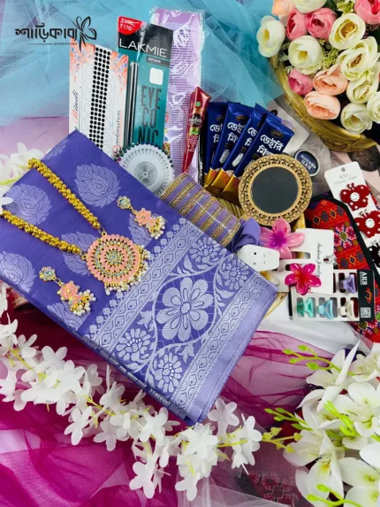 💜 ল্যাভেন্ডার কাতান শাড়ি-প্রিমিয়াম ২৭টি গিফট কম্বো