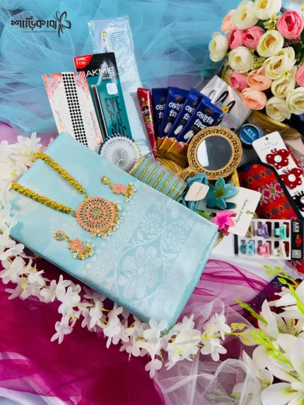 🩵 আকাশী কাতান শাড়ি-প্রিমিয়াম ২৭টি গিফট কম্বো